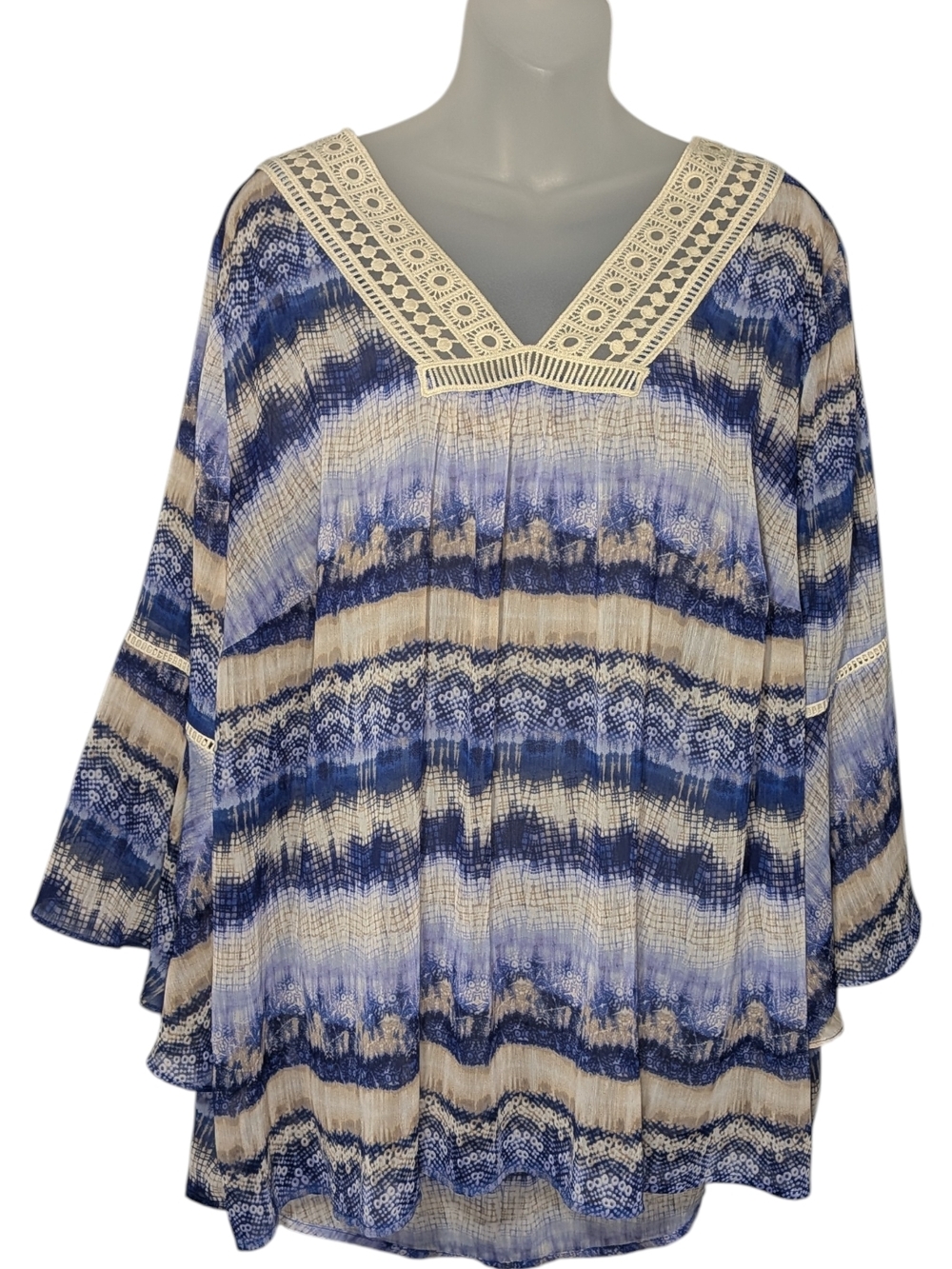 AGB 2XL Blue and Cream Sheer Lace-Trim V-Neck Tunic Peasant Cottagecore Boho